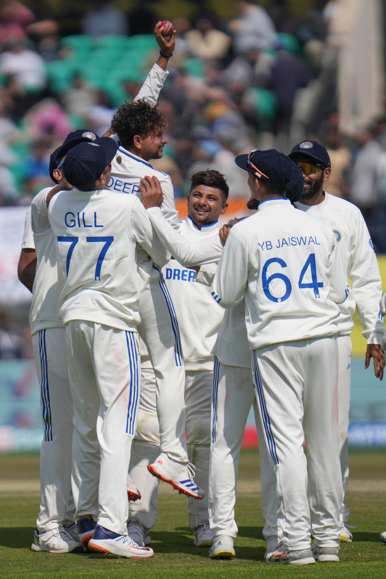 Kuldeep Yadav celebrates his five-wicket haul with team-mates, India vs England, 5th Test, Dharamsala, 1st day, March 7, 2024