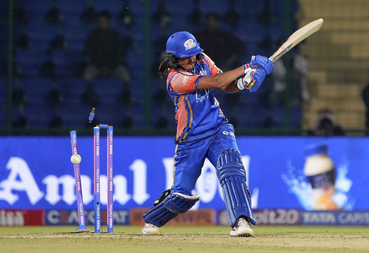 Harmanpreet Kaur was bowled after missing a heave across the line, UP Warriorz vs Mumbai Indians, WPL 2024, Delhi, March 7, 2024