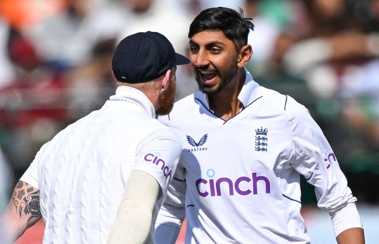 Shoaib Bashir and Ben Stokes celebrate a wicket, India vs England, 5th Test, Dharamsala, 2nd day, March 8, 2024