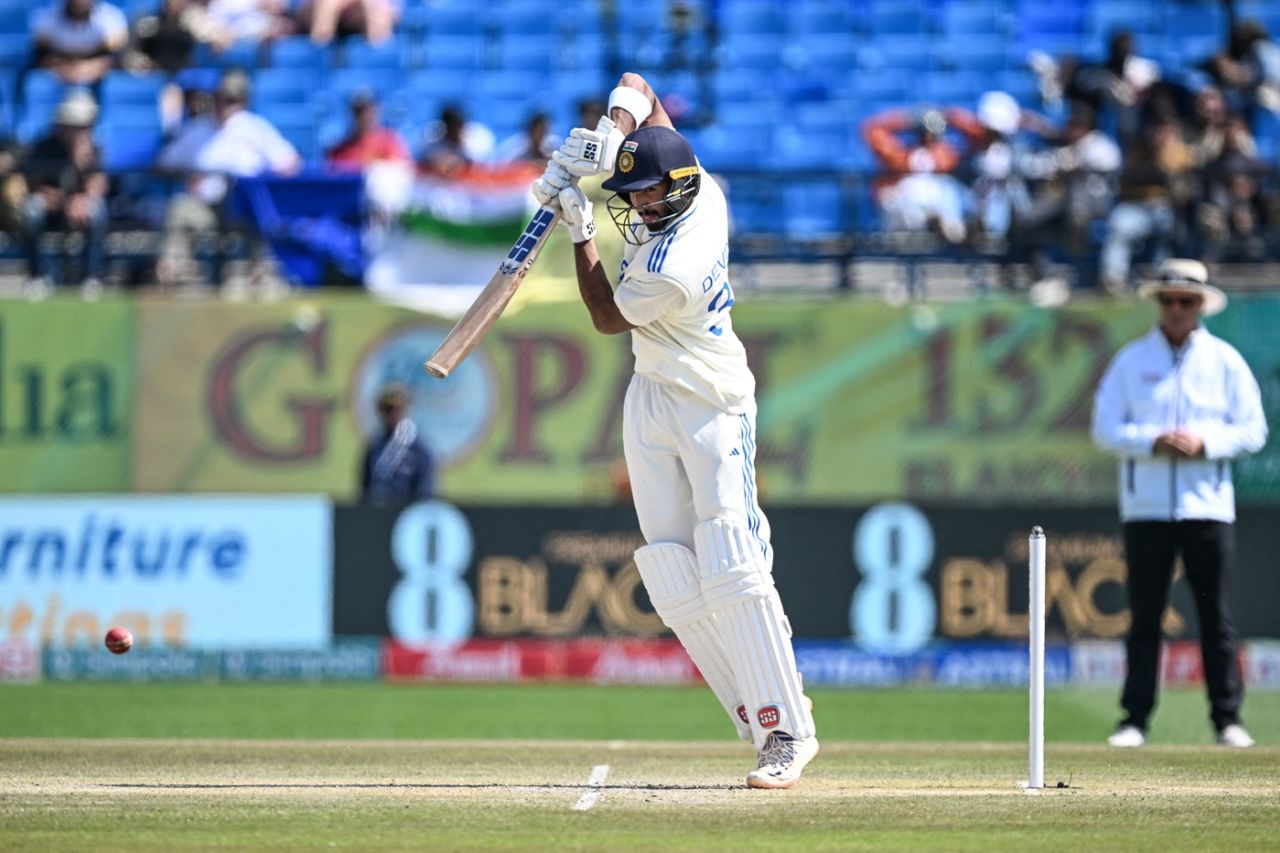 Devdutt Padikkal gets up on his toes to get over the ball, India vs England, 5th Test, Dharamsala, 2nd day, March 8, 2024