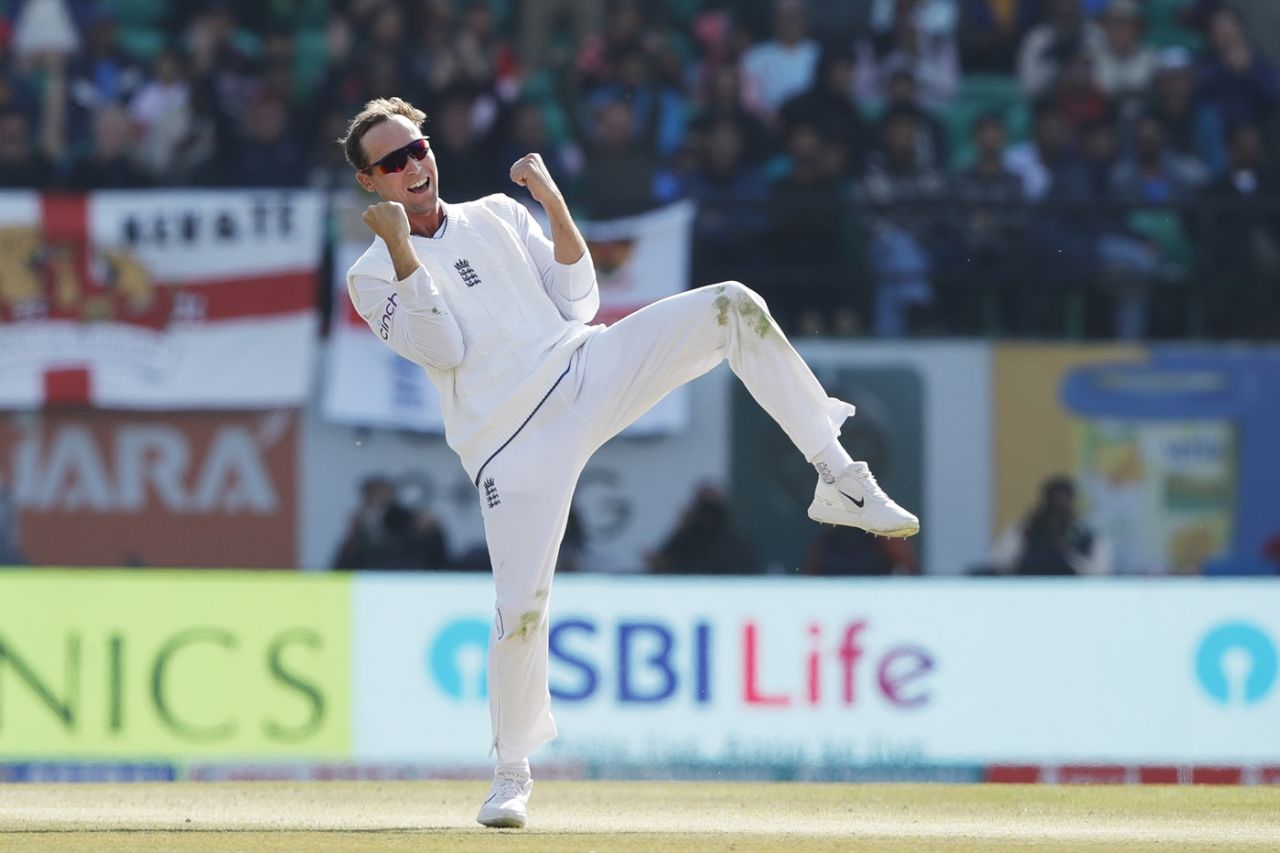Tom Hartley celebrates a wicket, India vs England, 5th Test, Dharamsala, 2nd day, March 8, 2024