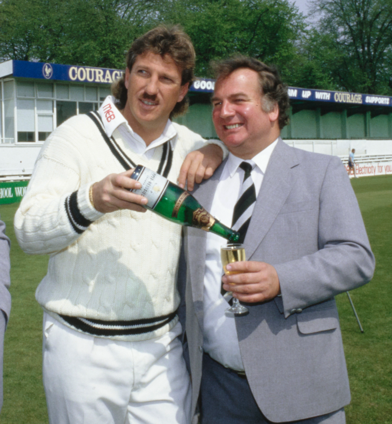 Duncan Fearnley (right), the Worcestershire chair and bat-maker, pictured with Ian Botham ahead of the 1987 season