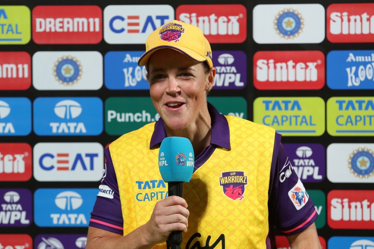 Grace Harris is all smiles at the post-match presentation ceremony, Delhi Capitals vs UP Warriorz, WPL, Delhi, March 8, 2024