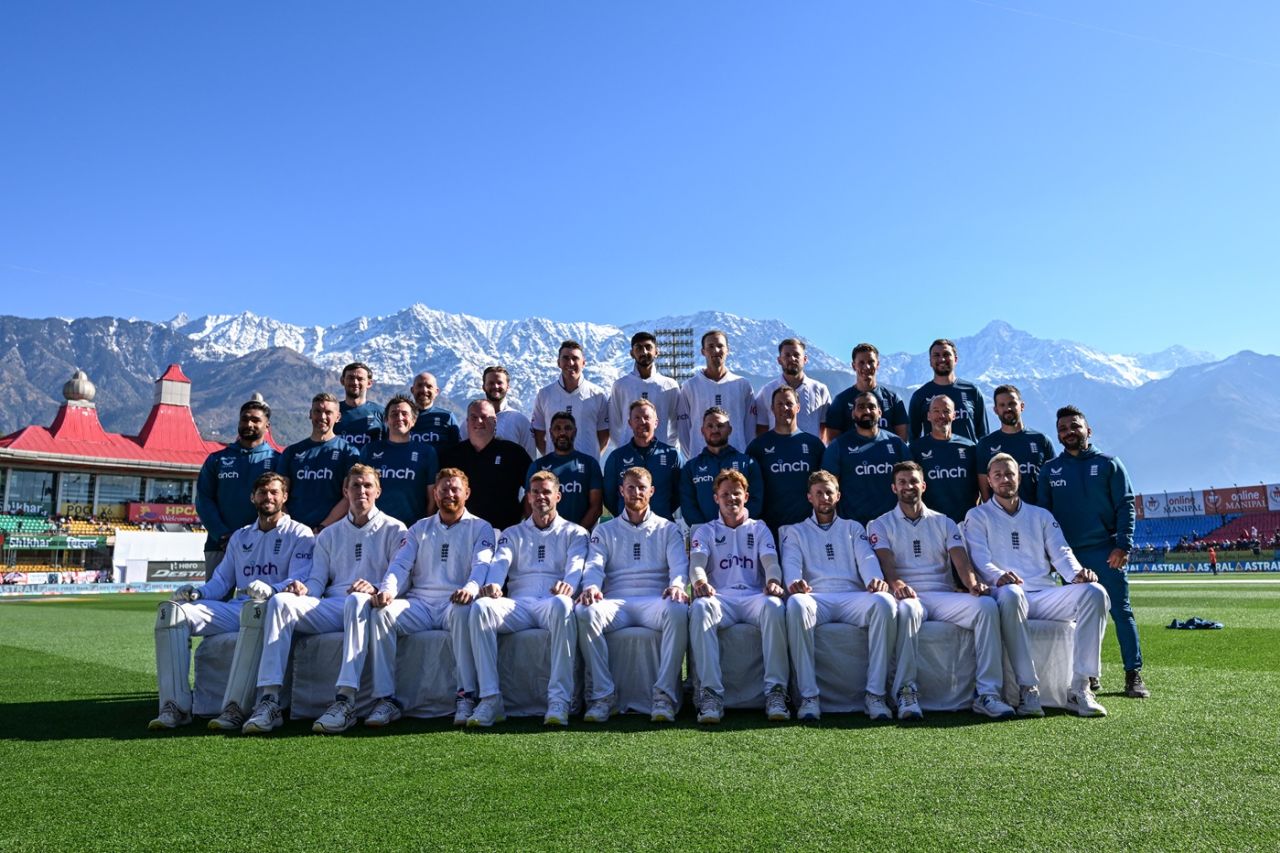 The England team under the shadow of the Dhauladhar mountain range, India vs England, 5th Test, Dharamsala, 3rd day, March 9, 2024