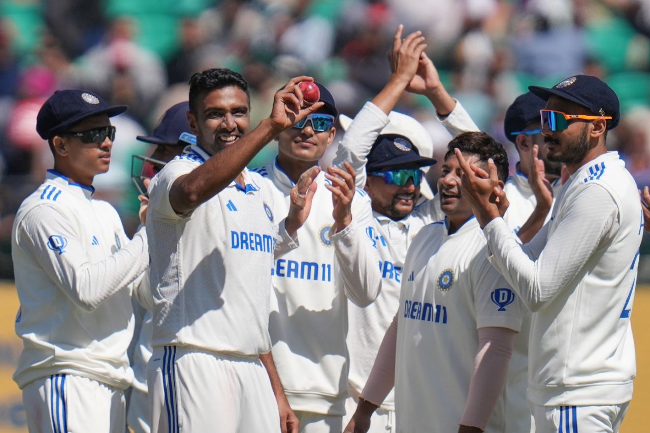 R Ashwin holds up the ball after completing his five-for, India vs England, 5th Test, Dharamsala, 3rd day, March 9, 2024
