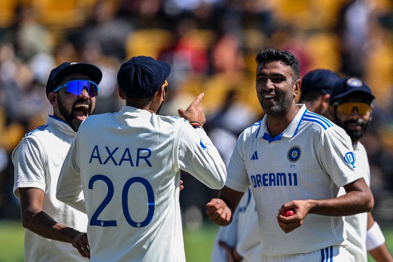 R Ashwin shares a laugh with Mohammed Siraj and Axar Patel after getting his five-for, India vs England, 5th Test, Dharamsala, 3rd day, March 9, 2024