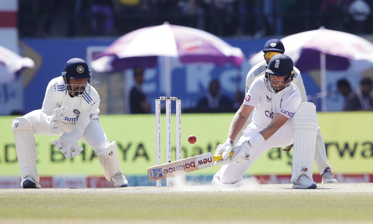 Joe Root rolls out a reverse-sweep, India vs England, 5th Test, Dharamsala, 3rd day, March 9, 2024