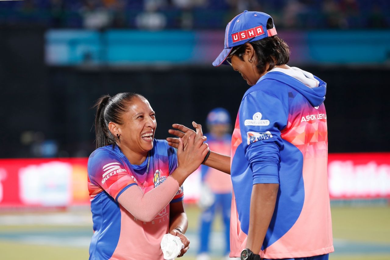 Shabnim Ismail and Jhulan Goswami, two of the greatest fast bowlers in the history of the game, share a laugh, Gujarat Giants vs Mumbai Indians, WPL, Delhi, March 9, 2024