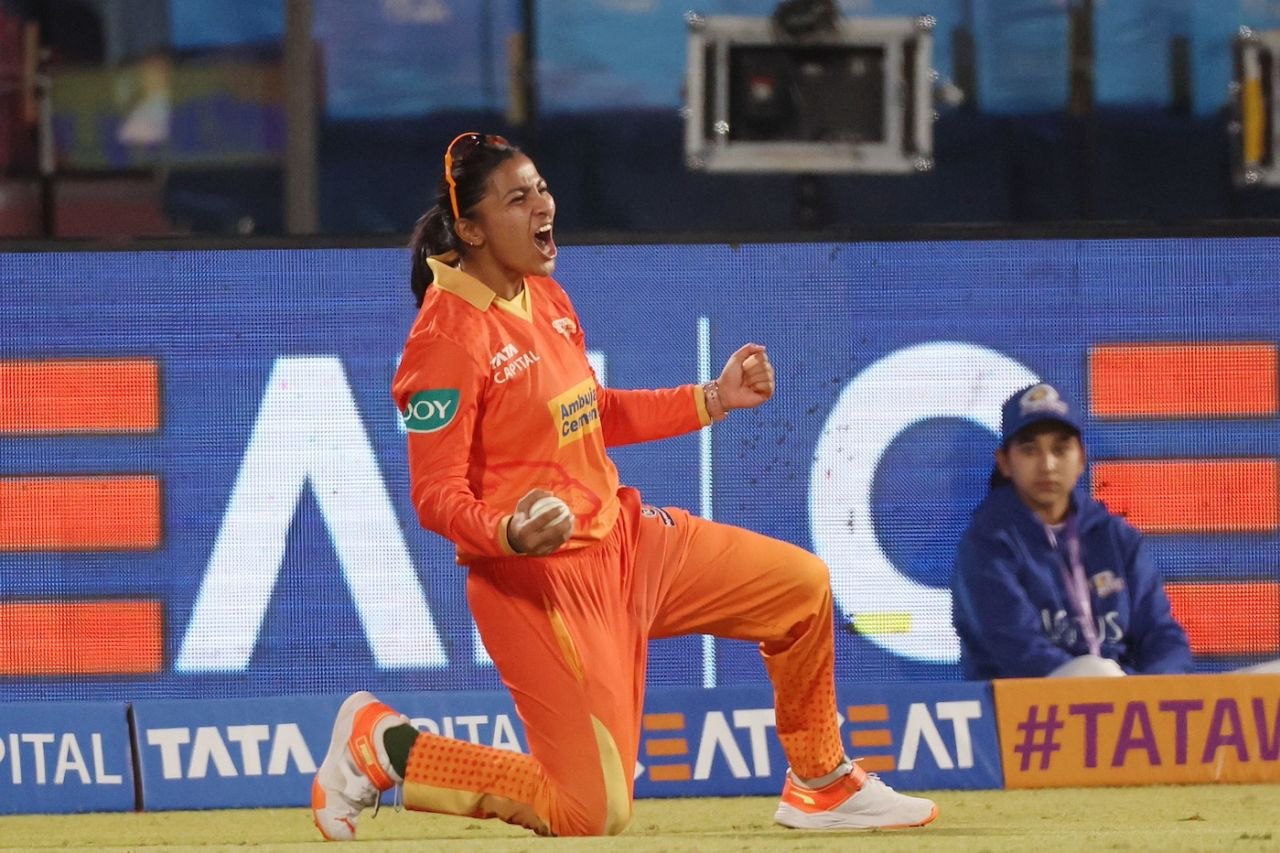 Sneh Rana roars after taking the catch of Hayley Matthews, Gujarat Giants vs Mumbai Indians, WPL, Delhi, March 9, 2024