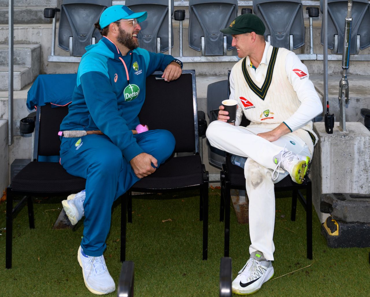 Daniel Vettori and Marnus Labuschagne share a laugh, New Zealand vs Australia, 2nd Test, Christchurch, 3rd Day, March 10, 2024