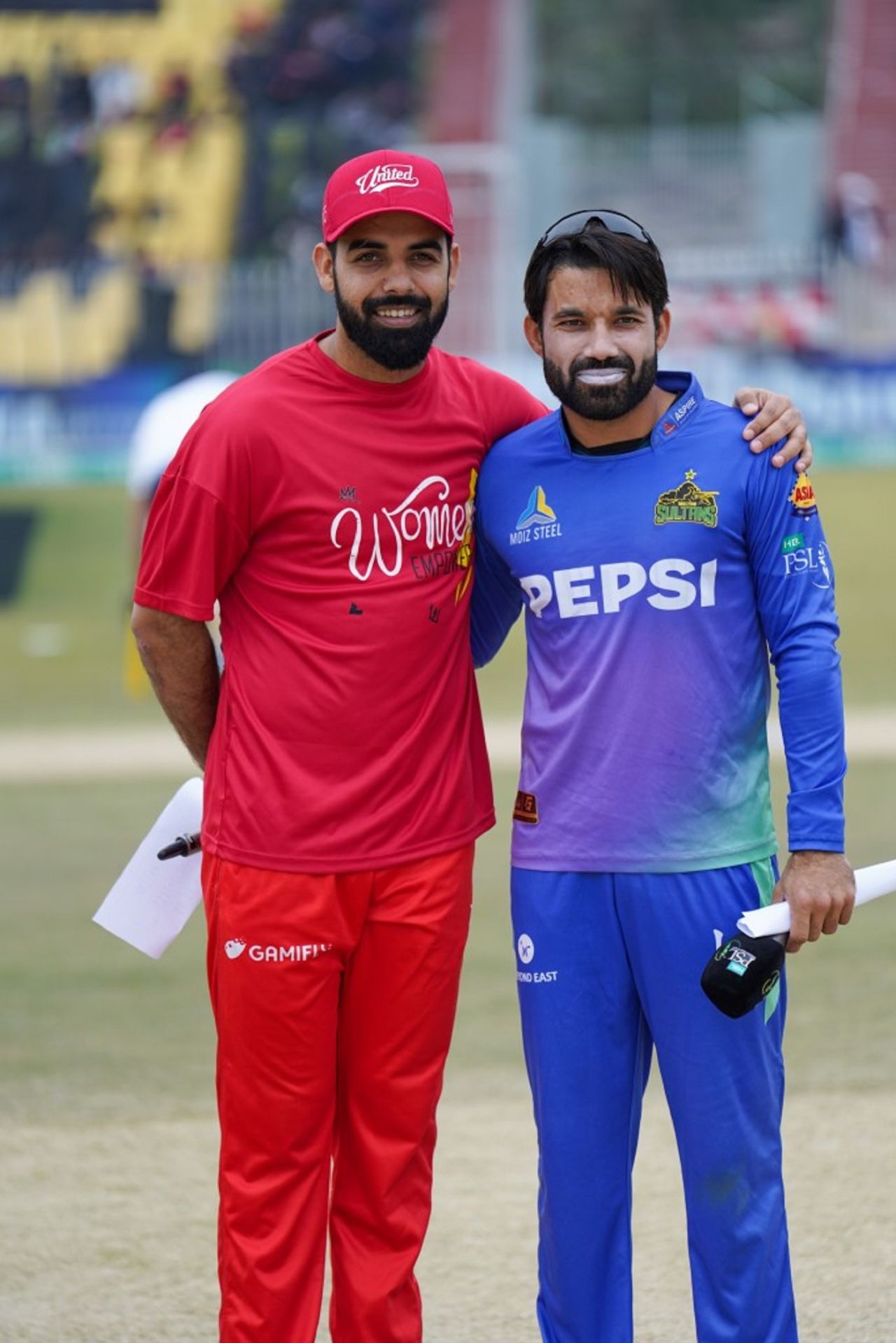 Shadab Khan and Mohammad Rizwan at the toss, Islamabad United vs Multan Sultans, PSL, Rawalpindi, March 10, 2024