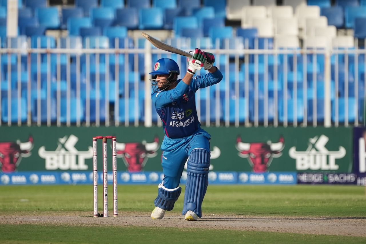 Rahmat Shah drives through the off side, Afghanistan vs Ireland, 3rd ODI, Sharjah, March 12, 2024