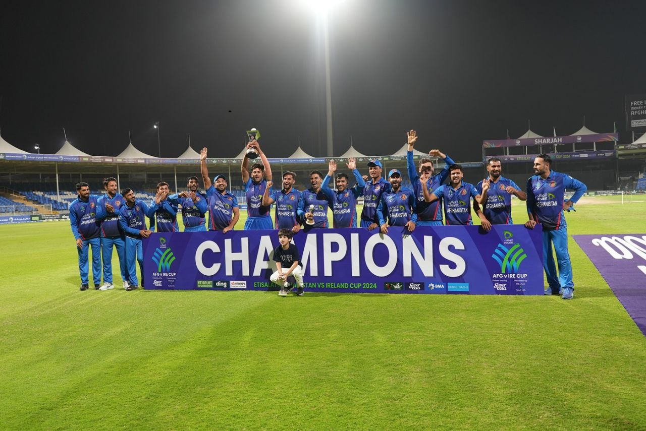 Afghanistan celebrate their 2-0 win, Afghanistan vs Ireland, 3rd ODI, Sharjah, March 12, 2024
