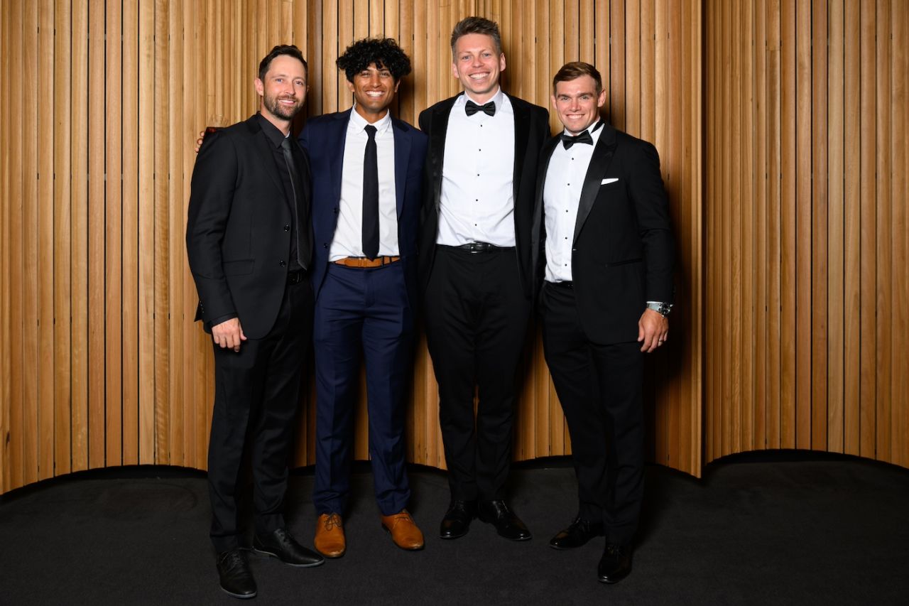 Devon Conway, Rachin Ravindra, Michael Bracewell and Tom Latham at the New Zealand Cricket awards, Christchurch, March 13, 2024