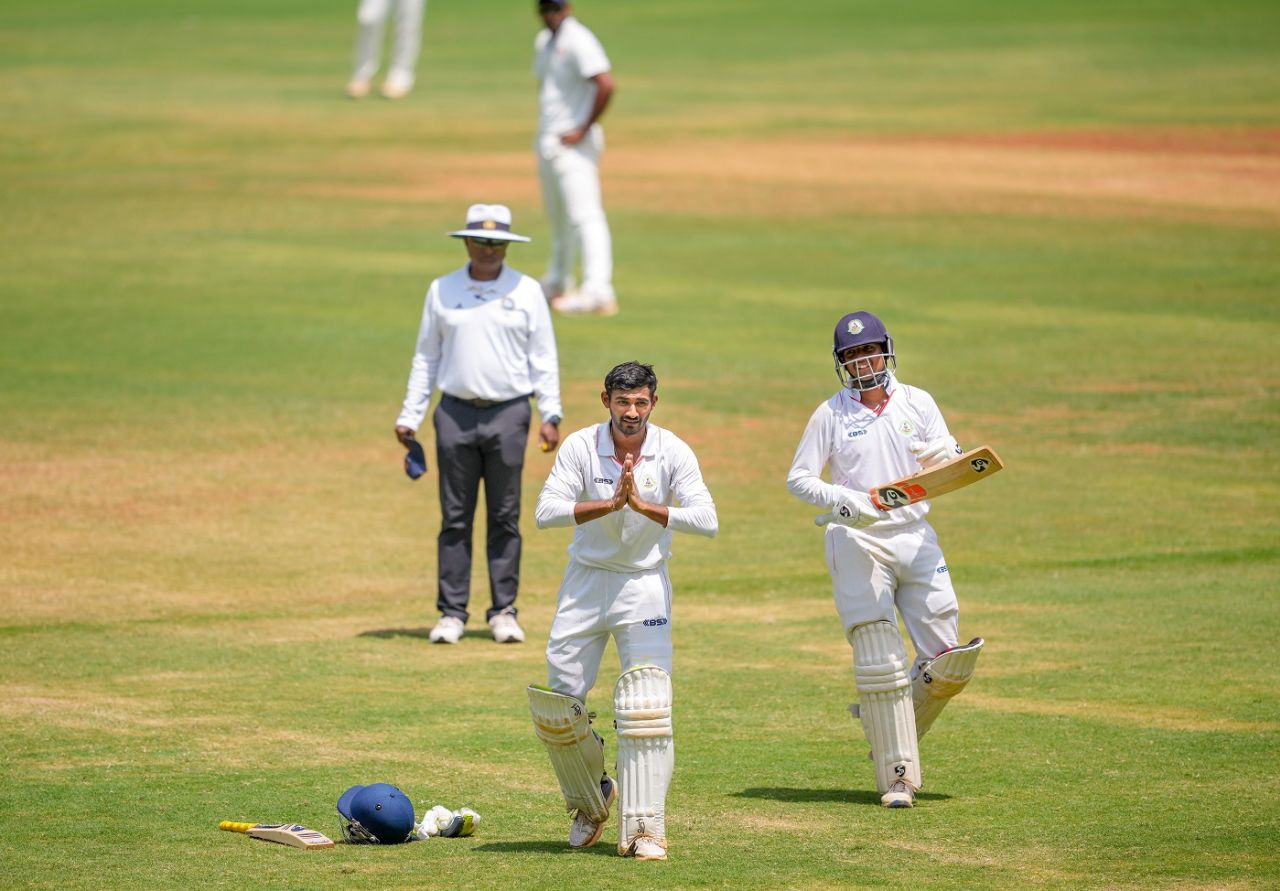Akshay Wadkar celebrates his hundred as Harsh Dubey applauds, Mumbai vs Vidarbha, Ranji Trophy final, 5th day, Mumbai, March 14, 2024