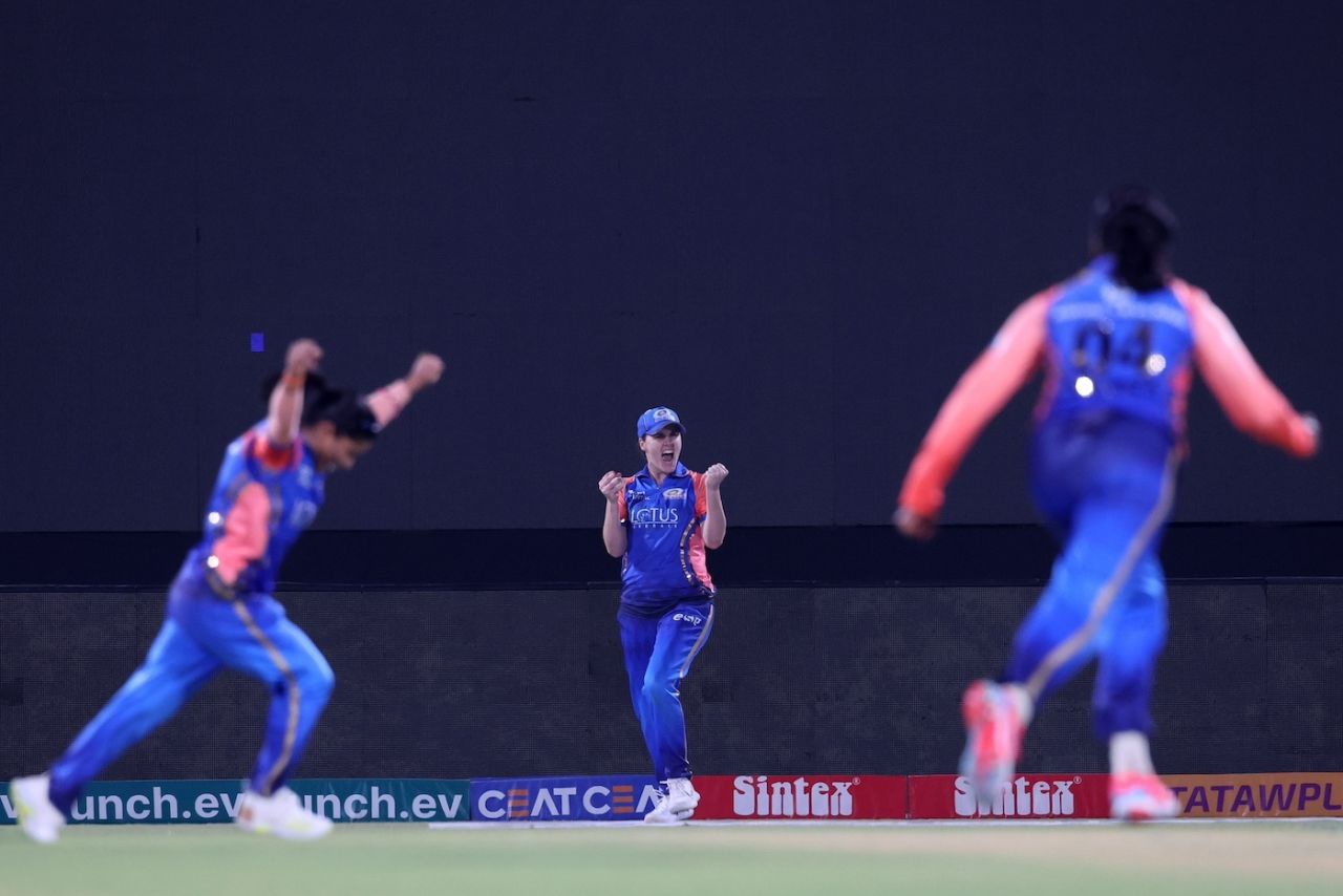 Nat Sciver-Brunt exults after taking the catch of Richa Ghosh, Mumbai Indians vs Royal Challengers Bangalore, WPL, Eliminator, Delhi, March 15, 2024 