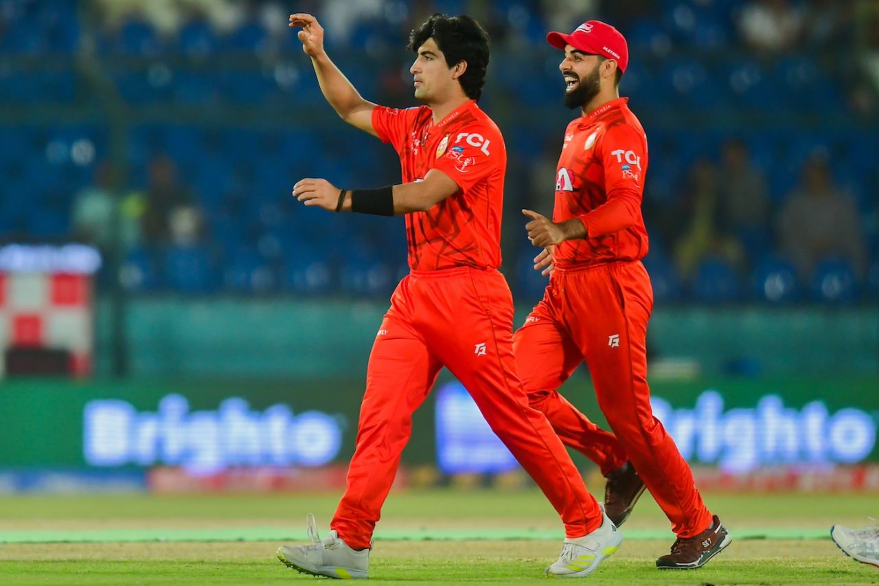 Naseem Shah and Shadab Khan celebrate a wicket, Islamabad United vs Quetta Gladiators, Eliminator, Pakistan Super League (PSL), Karachi, March 15, 2024