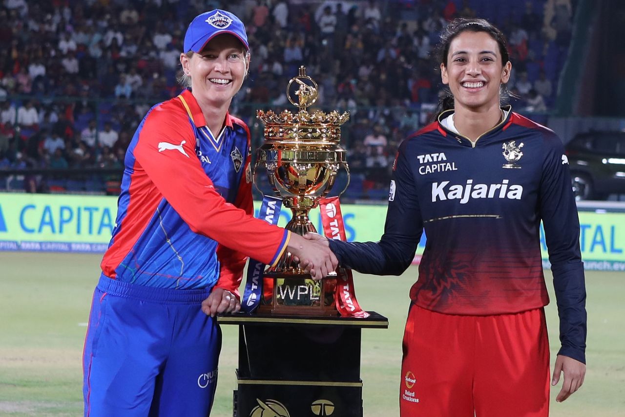 Meg Lanning and Smriti Mandhana pose with the trophy before the final, Delhi Capitals vs Royal Challengers Bangalore, final, WPL, Delhi, March 17, 2024
