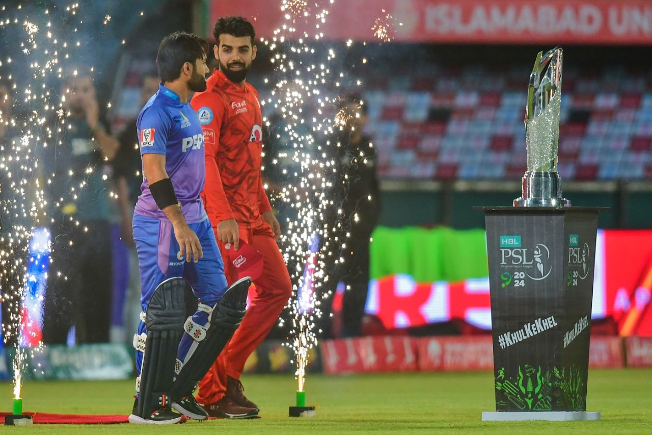 Mohammad Rizwan and Shadab Khan walk out as the fireworks go off, Islamabad United vs Multan Sultans, PSL, final, Karachi, March 18, 2024