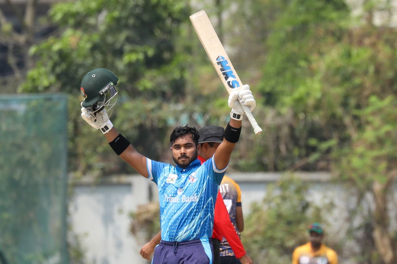 Parvez Hossain Emon celebrates his century against Brothers Union, Brothers Union vs Prime Bank Cricket Club, DPL, Savar, March 14, 2024