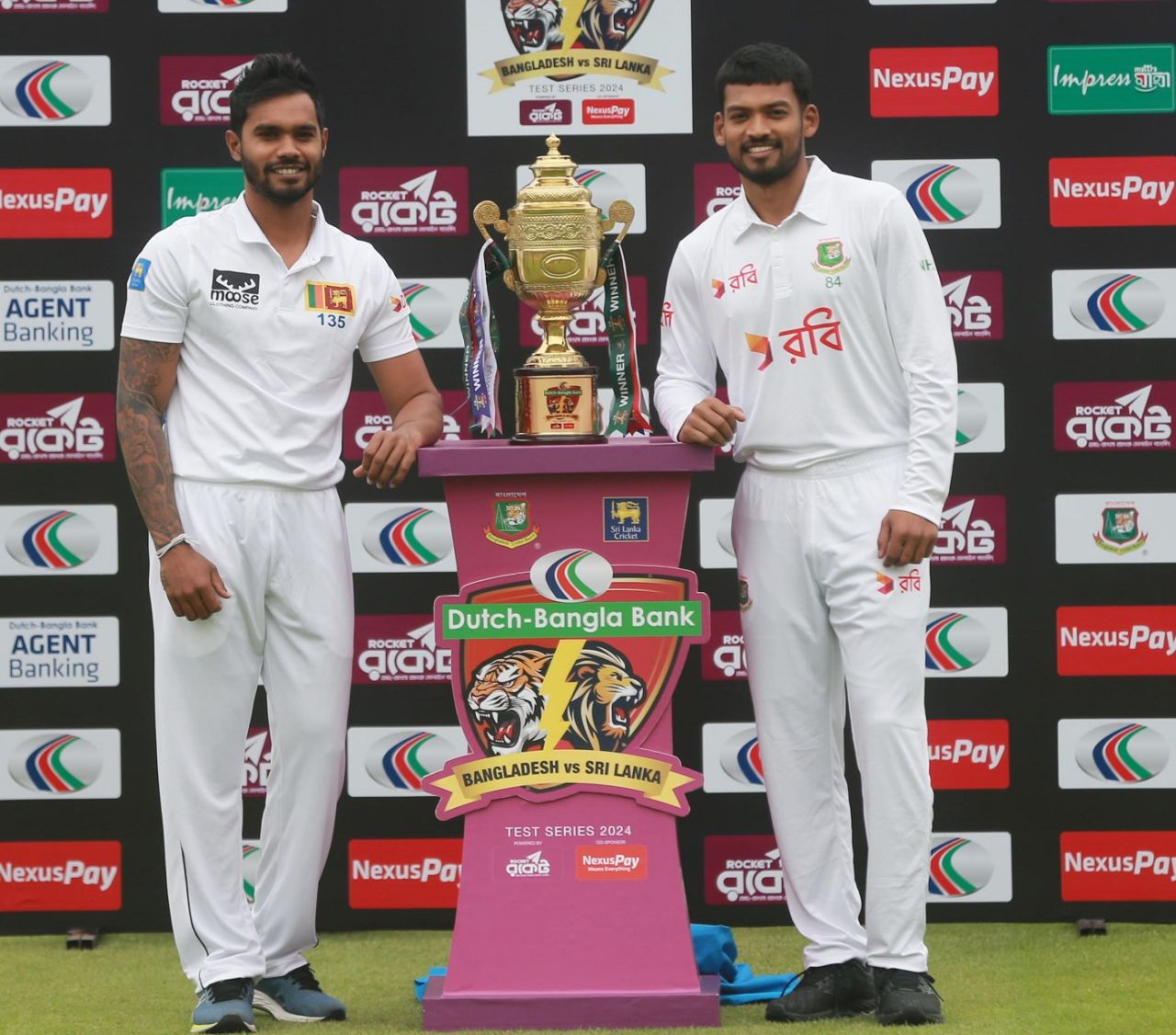 Captains Dhananjaya de Silva and Najmul Hossain Shanto pose with the Test series trophy, Bangladesh vs Sri Lanka, Sylhet, March 21, 2024
