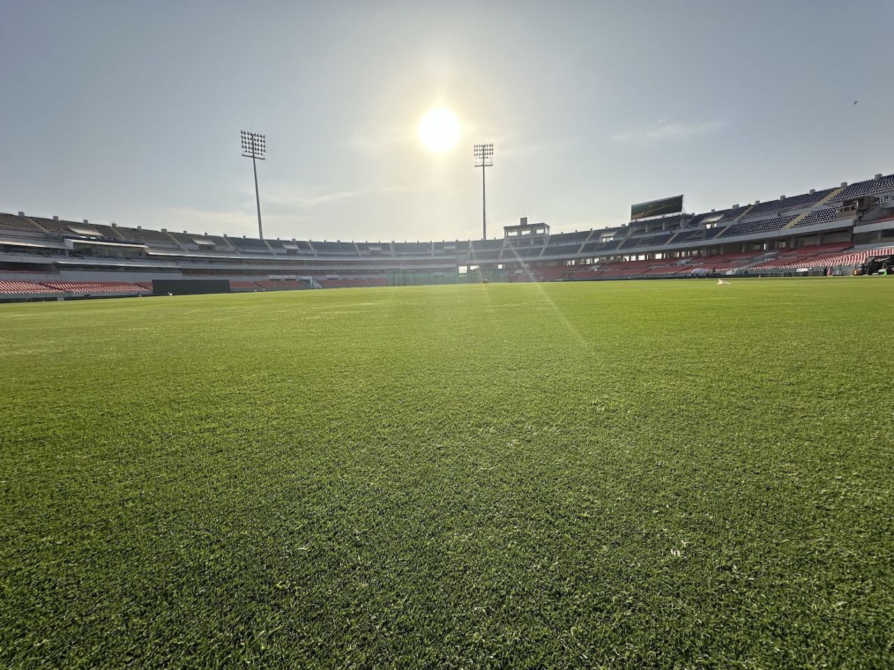 A low view of the outfield at the Maharaja Yadavindra Singh International Cricket Stadium in Mullanpur, March 21, 2024