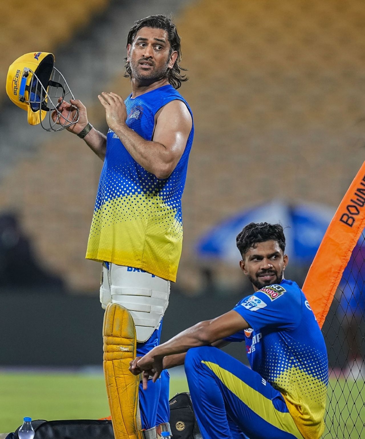 MS Dhoni with new CSK captain Ruturaj Gaikwad at a training session, Chennai, March 21, 2024