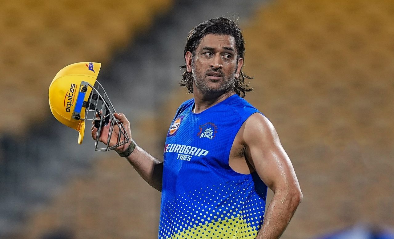 MS Dhoni prepares to bat at the nets on the eve of the IPL 2024 opener, Chennai, March 21, 2024