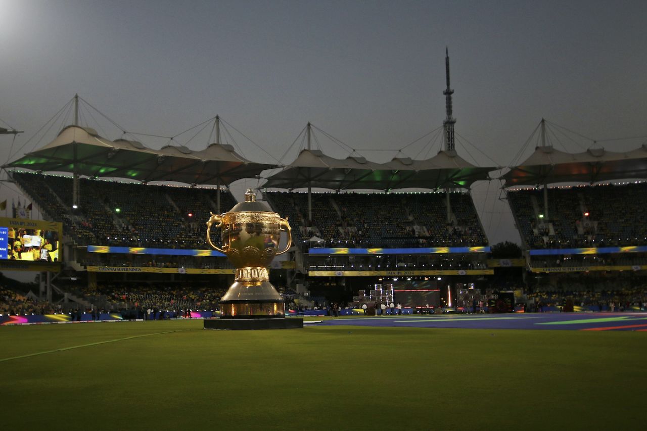 A replica of the IPL winners' trophy is displayed on the field during the opening ceremony, Chennai Super Kings vs Royal Challengers Bengaluru, IPL 2024, Chennai, March 22, 2024