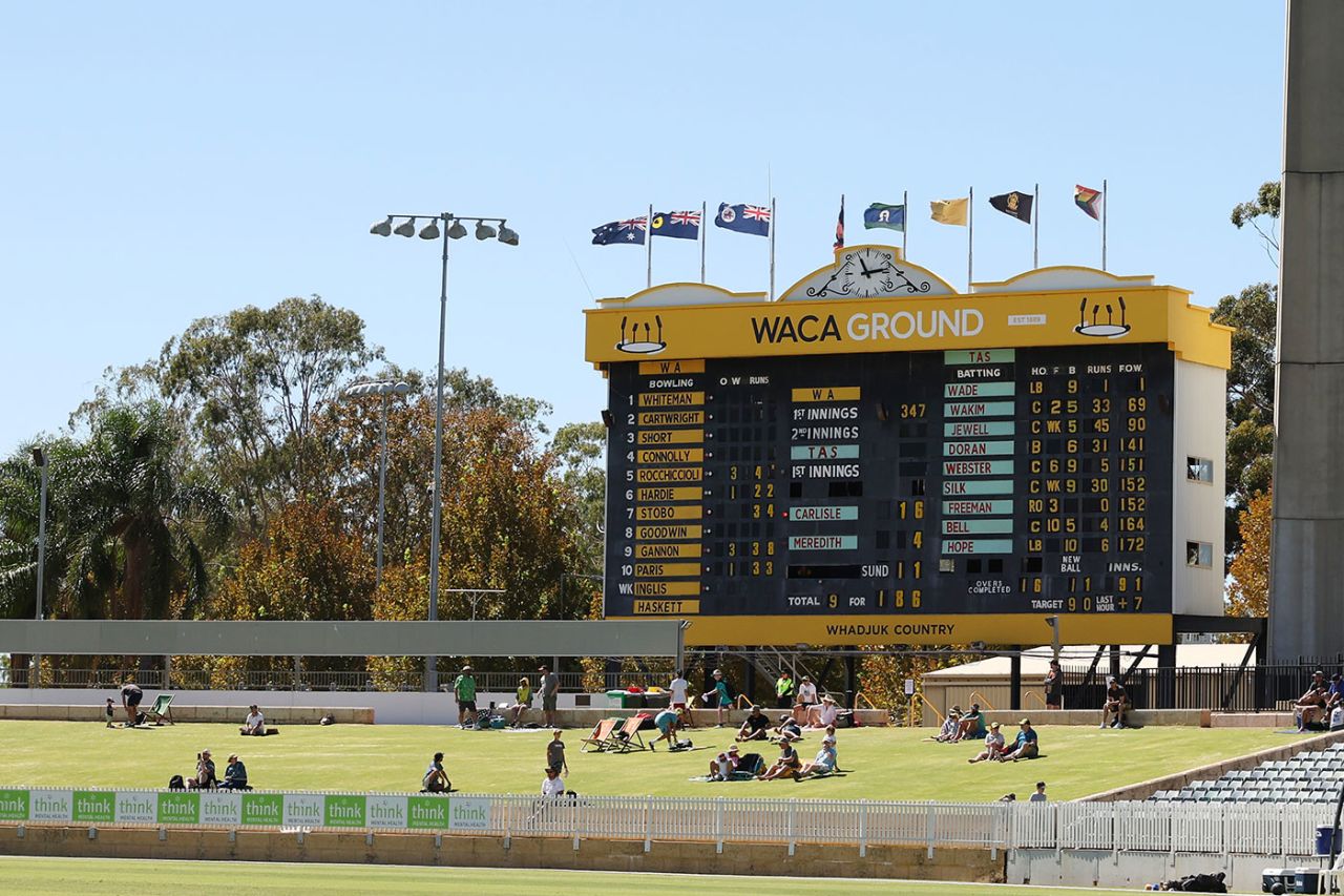 The WACA scoreboard highlights the home side's dominant position, Western Australia vs Tasmania, Sheffield Shield, Final, WACA, March 23, 2024