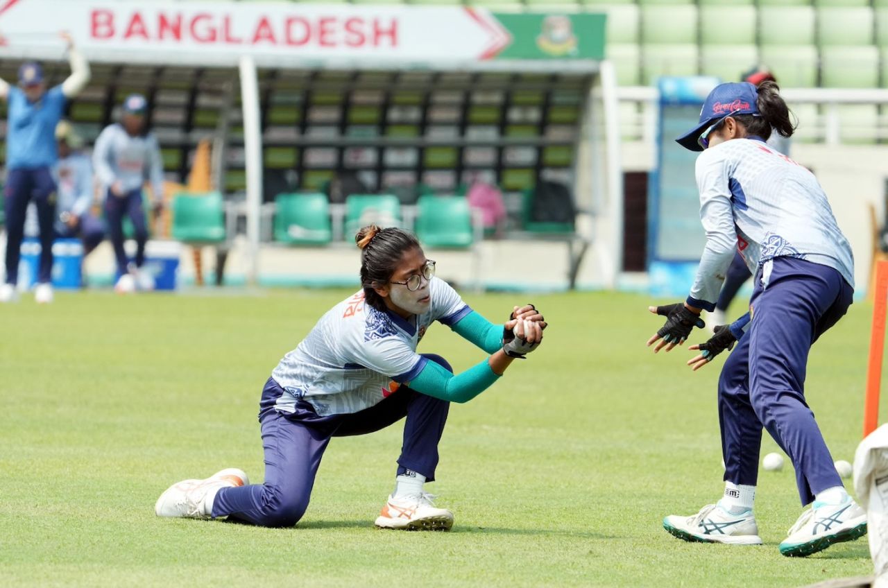 Fahima Khatun latches on to a catch at training, Dhaka, March 23, 2024