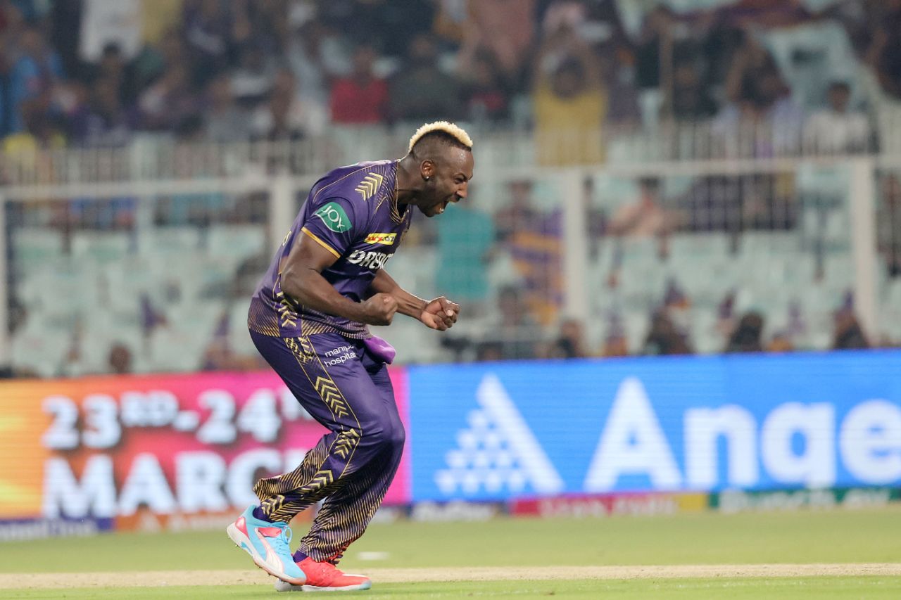 Andre Russell is pumped up after dismissing a well-set Abhishek Sharma, Kolkata Knight Riders vs Sunrisers Hyderabad, IPL 2024, Kolkata, March 23, 2024