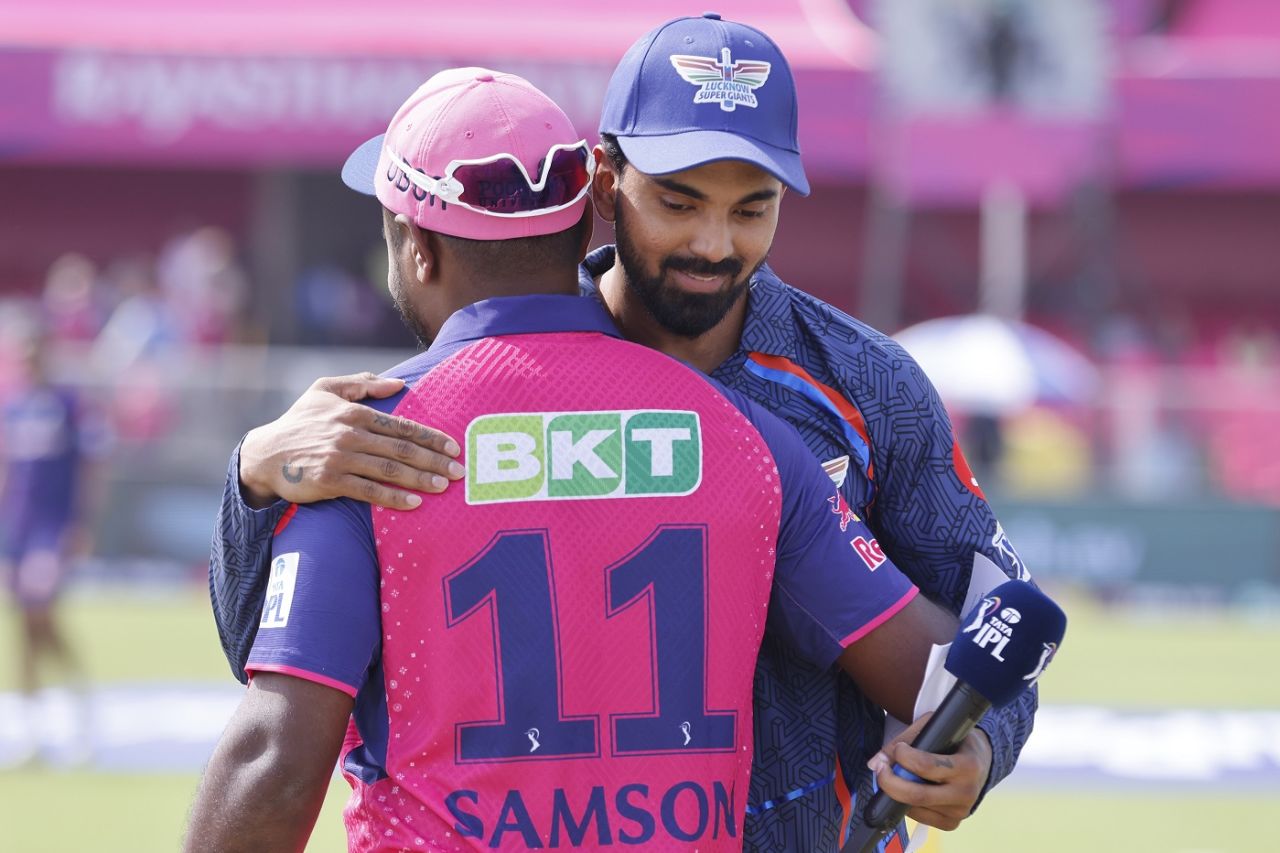 Sanju Samson and KL Rahul greet each other at the toss, Rajasthan Royals vs Lucknow Super Giants, IPL 2024, Jaipur, March 24, 2024