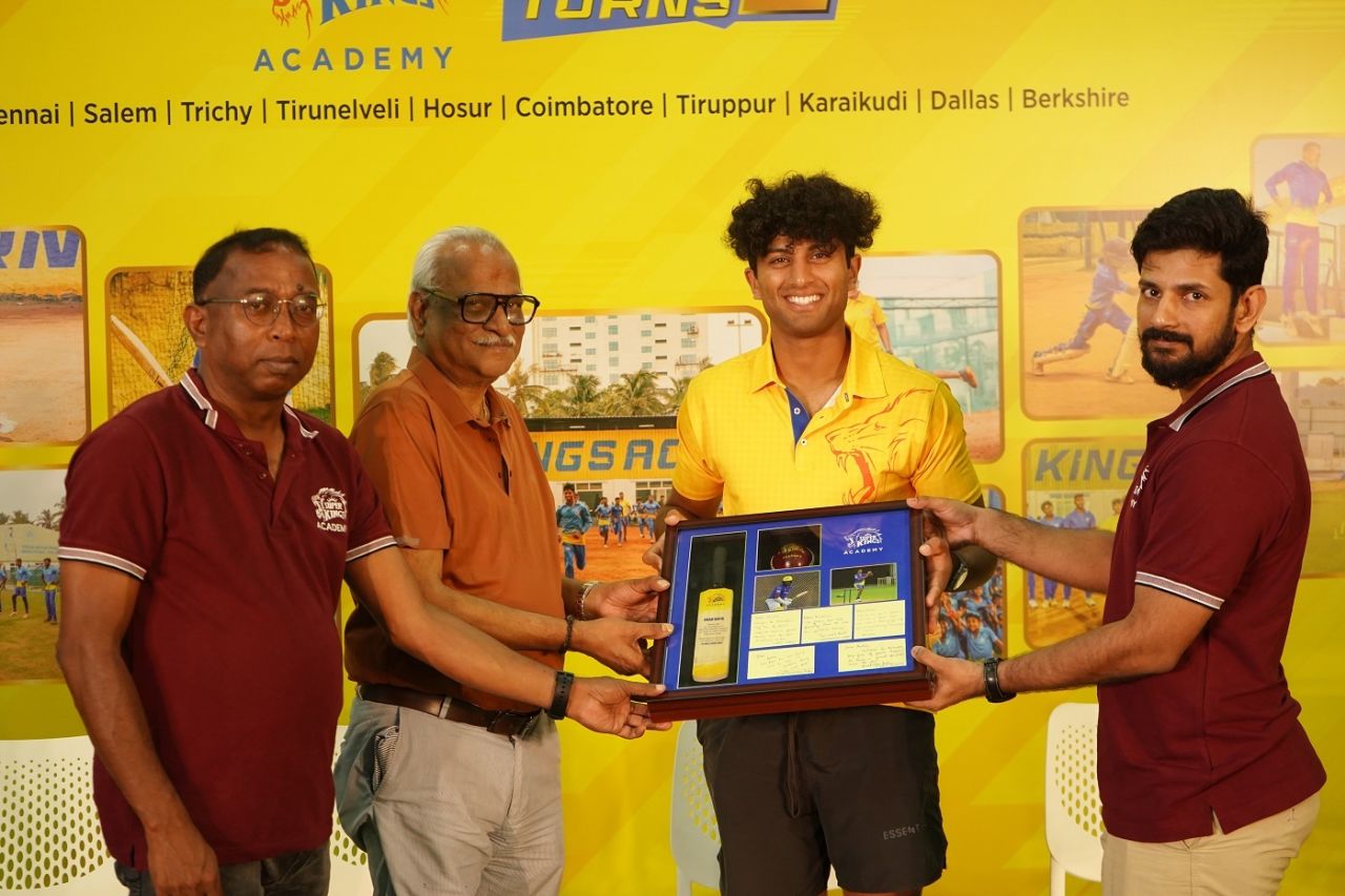 Rachin Ravindra with CSK CEO Kasi Viswanathan and his former Wellington coach Sriram Krishnamurthy, who now works with the CSK academy, Chennai, March 24, 2024