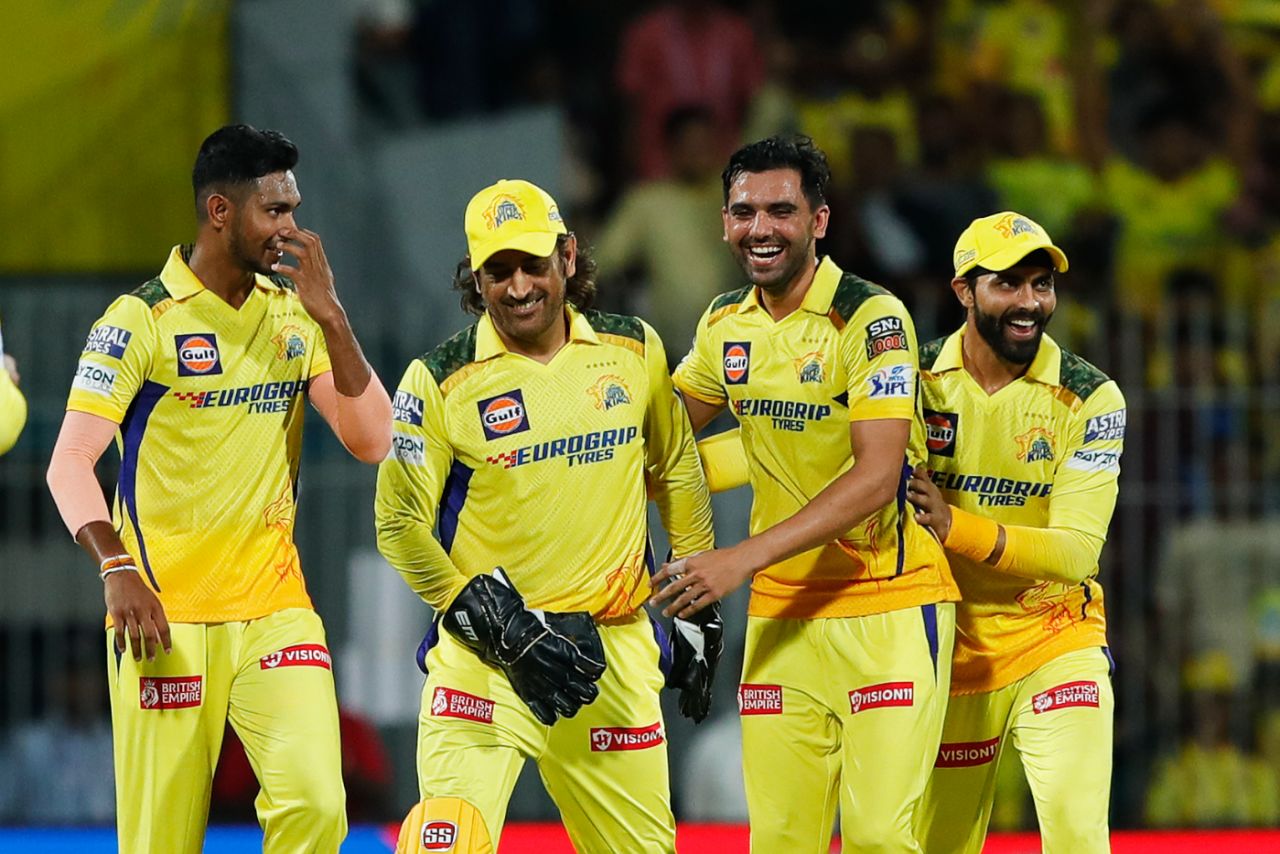 MS Dhoni is surrounded by delighted team-mates after a sharp diving catch to send back Vijay Shankar, Chennai Super Kings vs Gujarat Titans, IPL 2024, Chennai, March 26, 2024