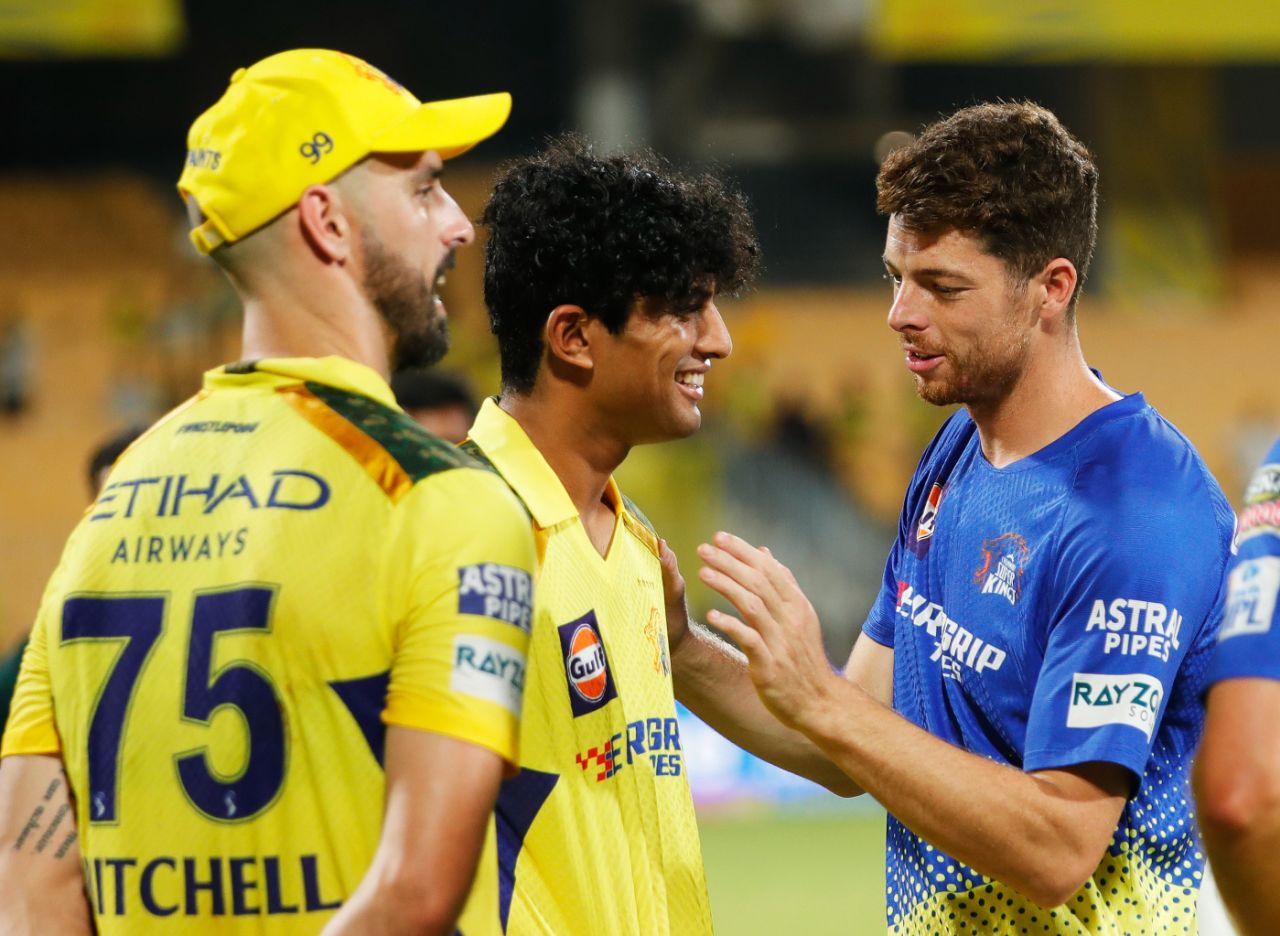 Part of CSK's New Zealand contingent - Daryl Mitchell, Rachin Ravindra and Mitchell Santner - relax after the game, Chennai Super Kings vs Gujarat Titans, IPL 2024, Chennai, March 26, 2024