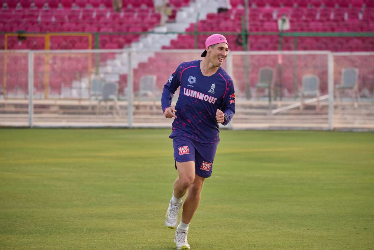 Nandre Burger at practice with Rajasthan Royals, Mar 26, 2024