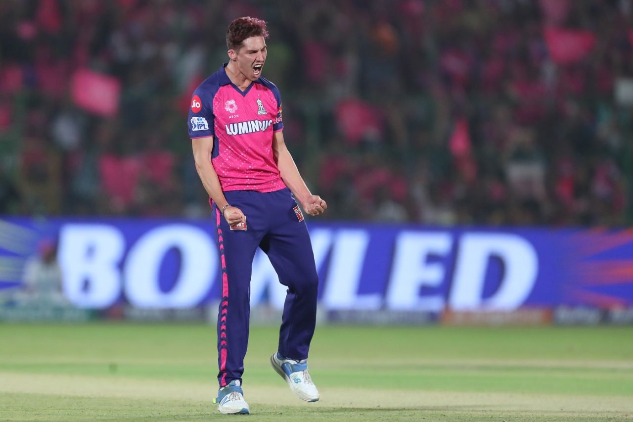 Nandre Burger is pumped up after sending back Mitchell Marsh and Ricky Bhui in the space of three balls, Rajasthan Royals vs Delhi Capitals, IPL 2024, Jaipur, March 28, 2024