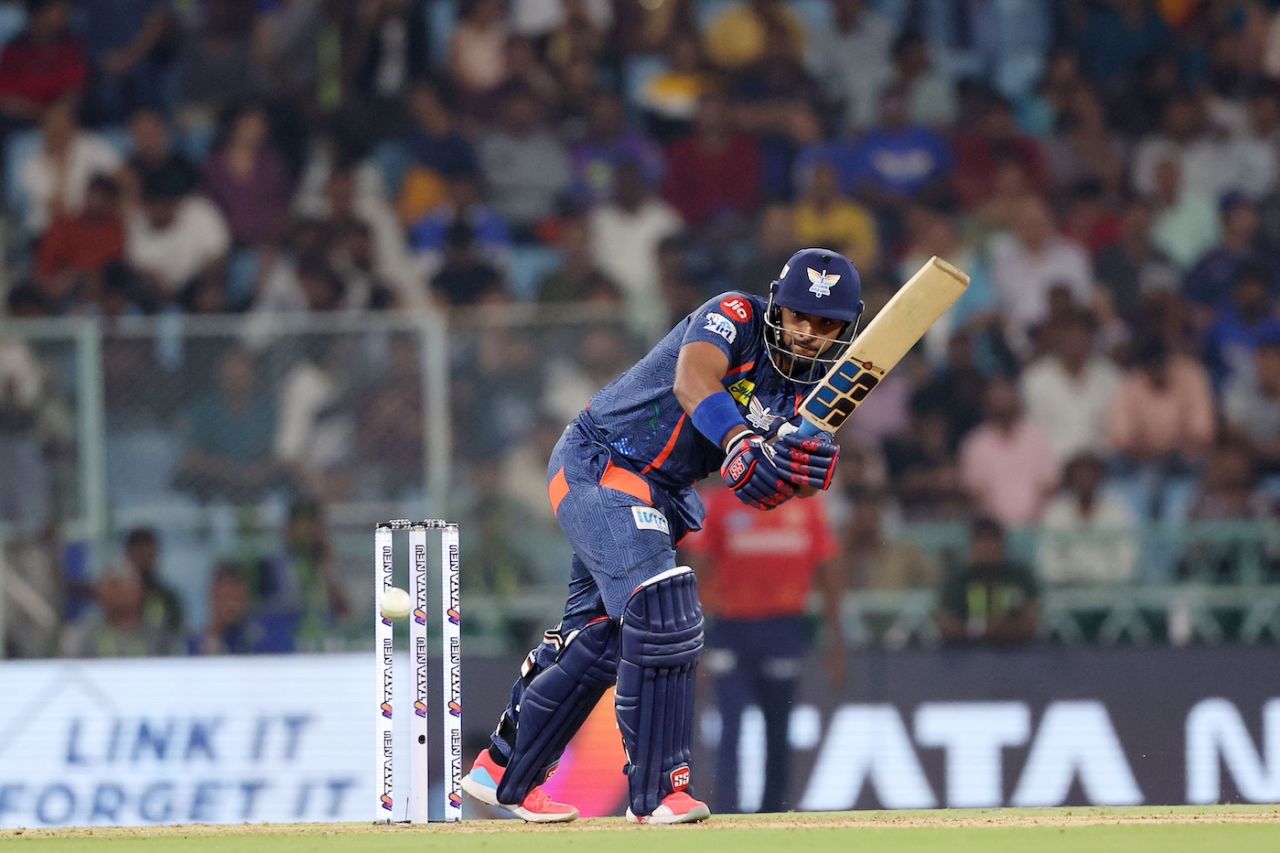Nicholas Pooran plays on the leg side, Lucknow Super Giants vs Punjab Kings, IPL 2024, Lucknow, March 30, 2024