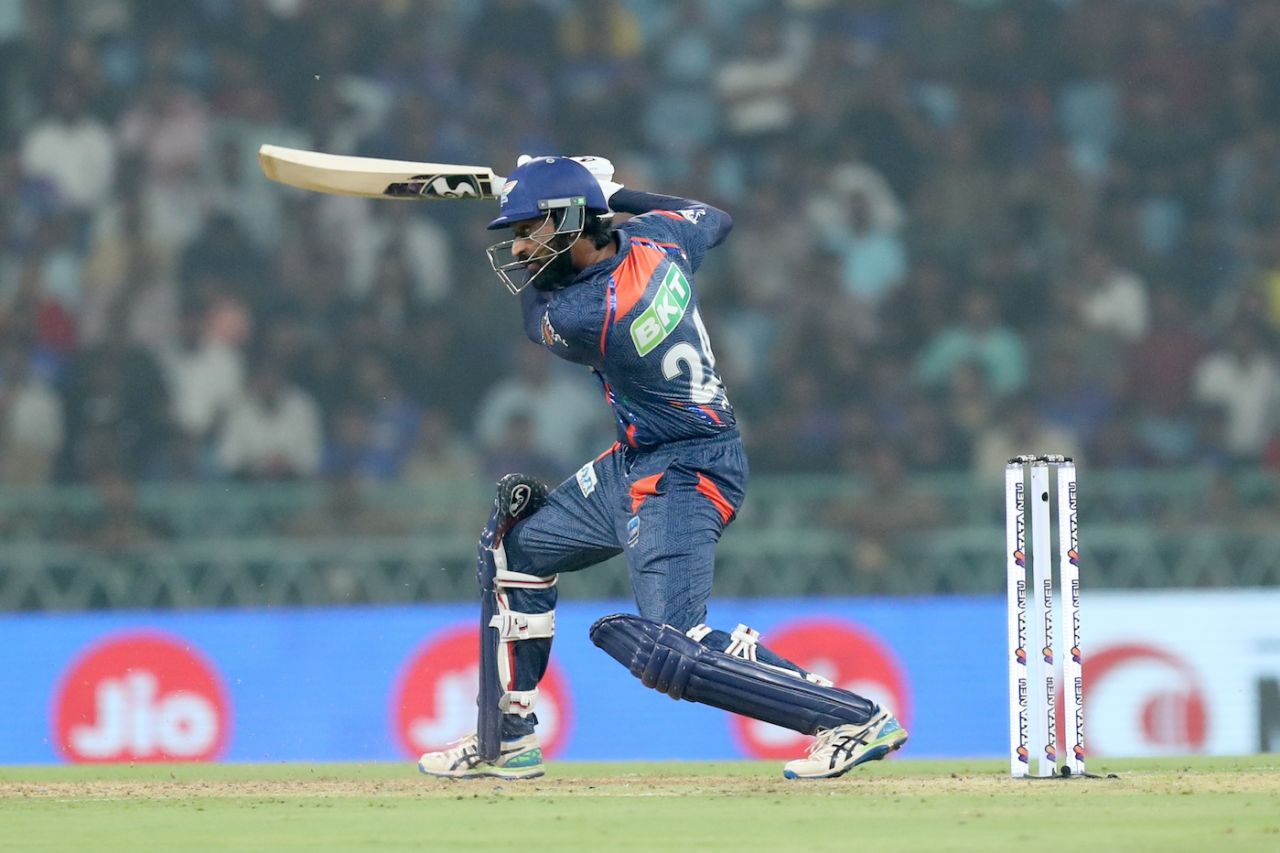 Krunal Pandya drives on the front foot, Lucknow Super Giants vs Punjab Kings, IPL 2024, Lucknow, March 30, 2024