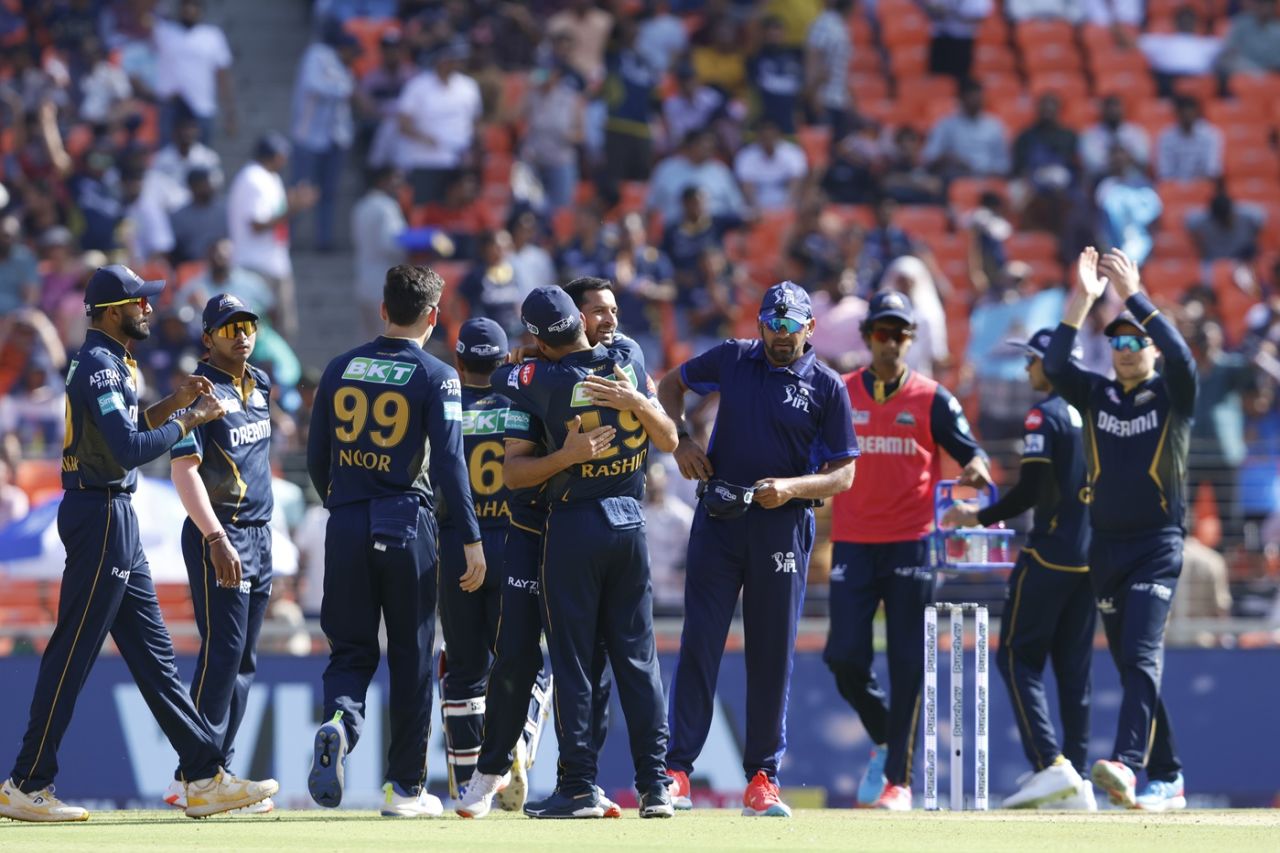 Mohit Sharma is embraced by his team-mates, Gujarat Titans vs Sunrisers Hyderabad, IPL, Ahmedabad, March 31, 2024