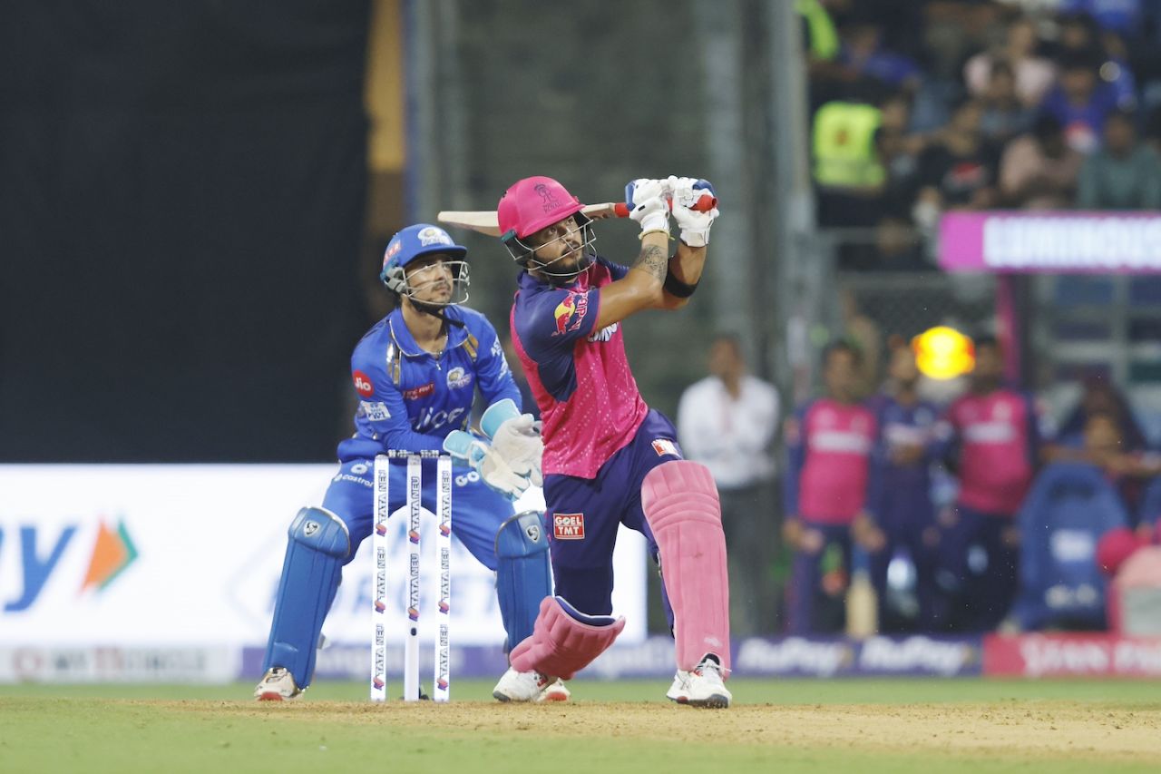 Riyan Parag slams one of his three sixes on his way to an unbeaten half-century, Mumbai Indians vs Rajasthan Royals, IPL 2024, Mumbai, April 1, 2024