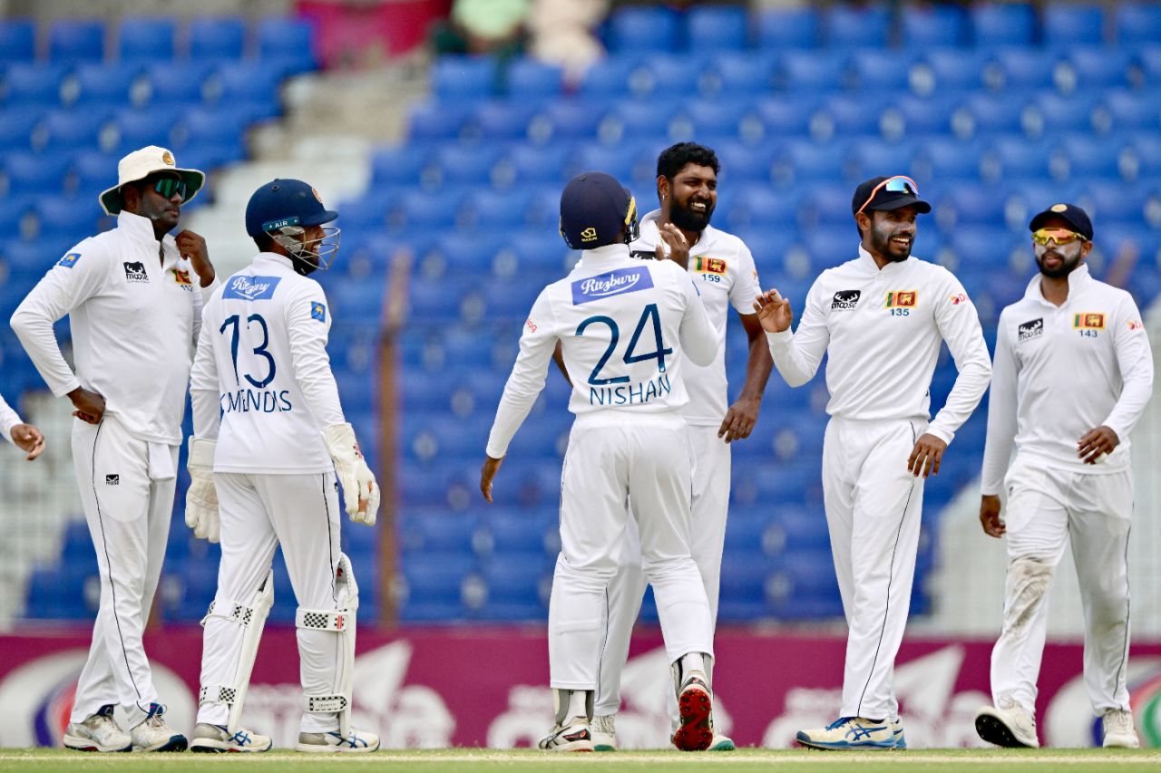 Prabath Jayasuriya celebrates with team-mates after bowling Mahmudul Hasan Joy, Bangladesh vs Sri Lanka, 2nd Test, Chattogram, 4th day, April 2, 2024