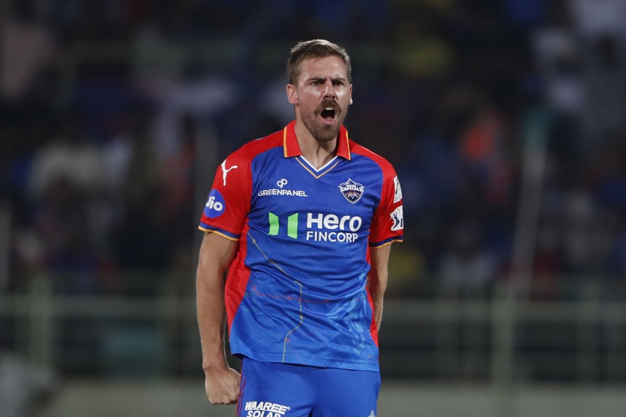 Anrich Nortje roars after taking a wicket, Delhi Capitals vs Kolkata Knight Riders, IPL 2024, Visakhapatnam, April 3, 2024