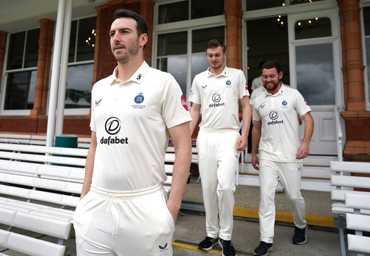Toby Roland-Jones leads his players out for the pre-season photo shoot, Lord's, April 3, 2024