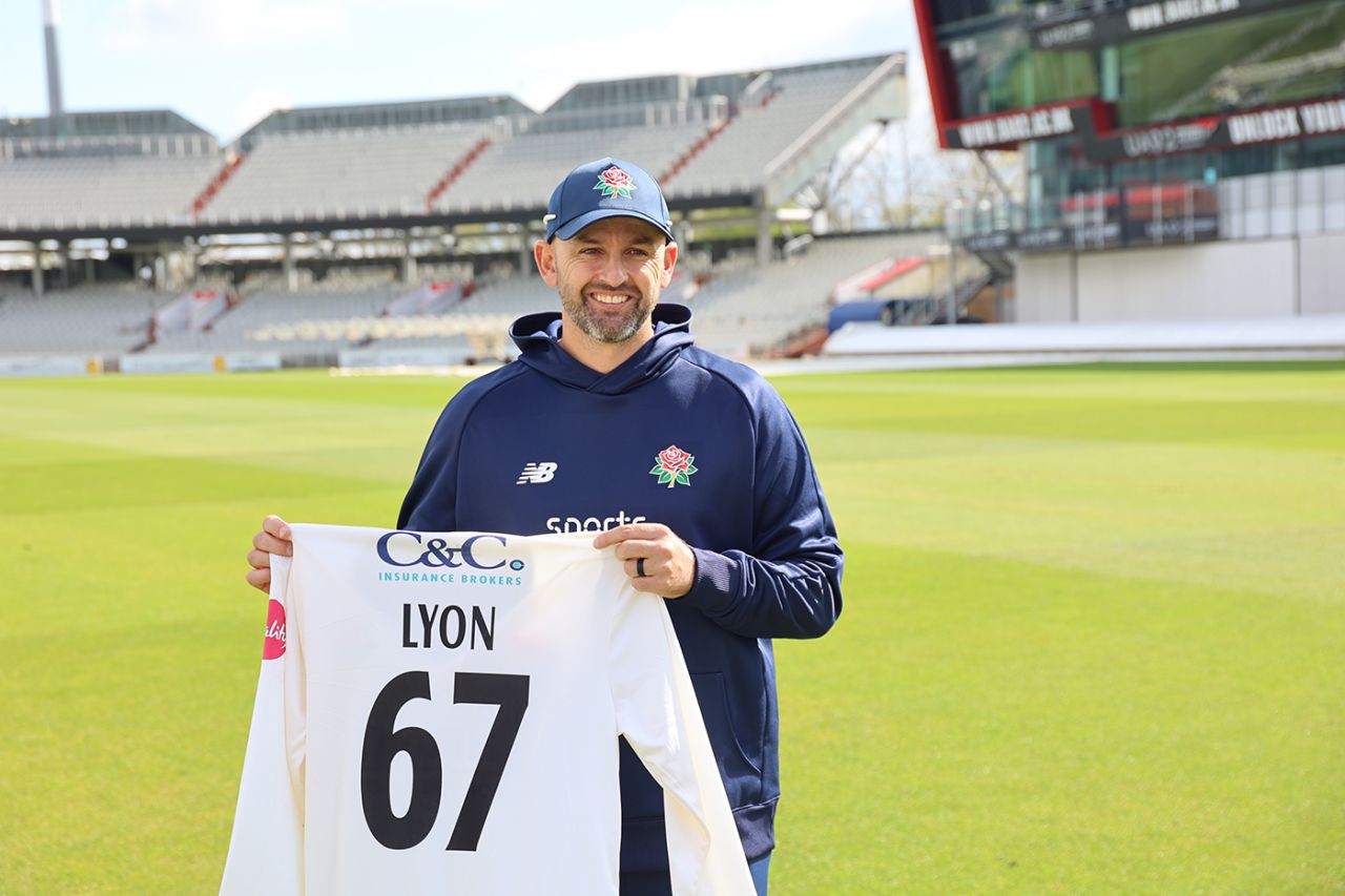 Nathan Lyon poses with his Lancashire shirt, Emirates Old Trafford, April 4, 2024