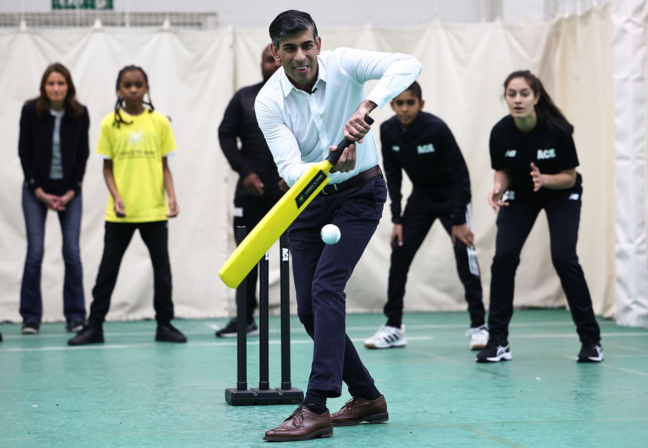 UK prime minister Rishi Sunak plays indoor cricket, The Oval, April 5, 2024