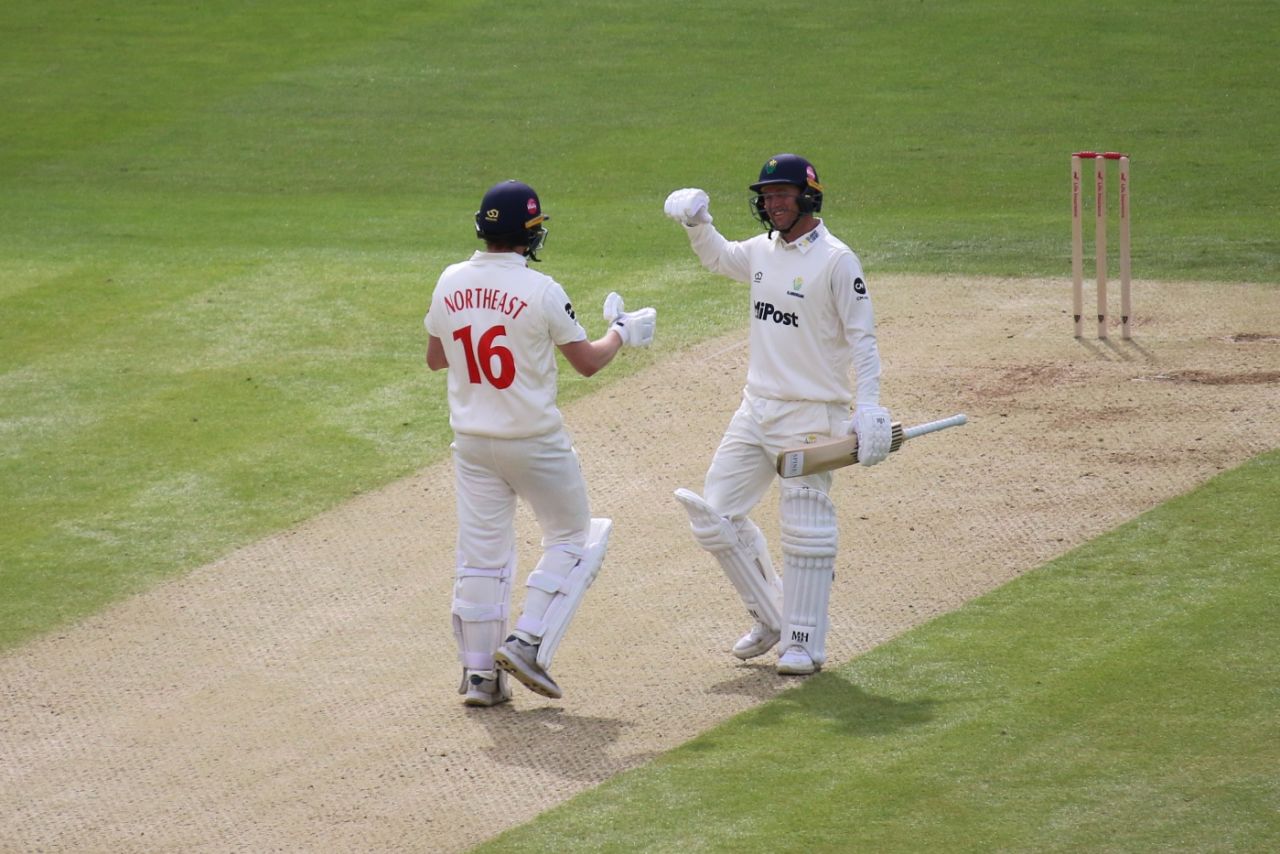 Sam Northeast takes the plaudits from Colin Ingram after making 335 not out, the highest first-class score at Lord's, Middlesex vs Glamorgan, County Championship, Division Two, April 6, 2024