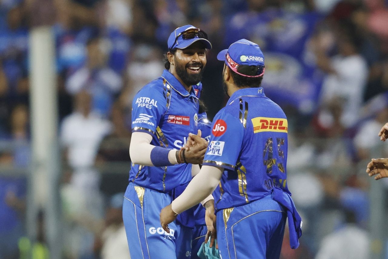 Hardik Pandya and Rohit Sharma celebrate Mumbai Indians' first win of the season, Mumbai Indians vs Delhi Capitals, IPL 2024, Mumbai, April 7, 2024