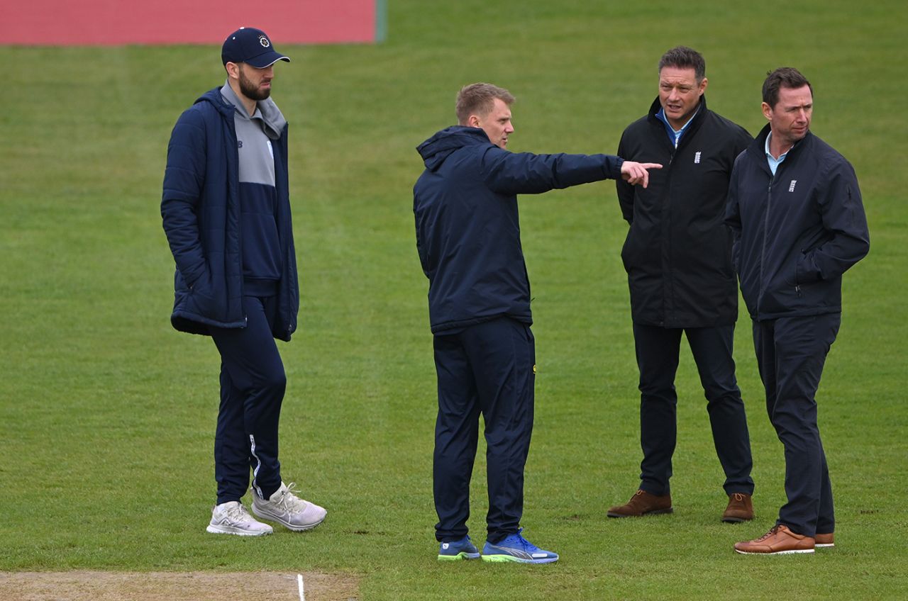 Scott Borthwick chats to umpires Richard Kettleborough and Rob White while James Vince looks on, Durham vs Hampshire, Vitality County Championship Division One, Day 4, April 8, 2024